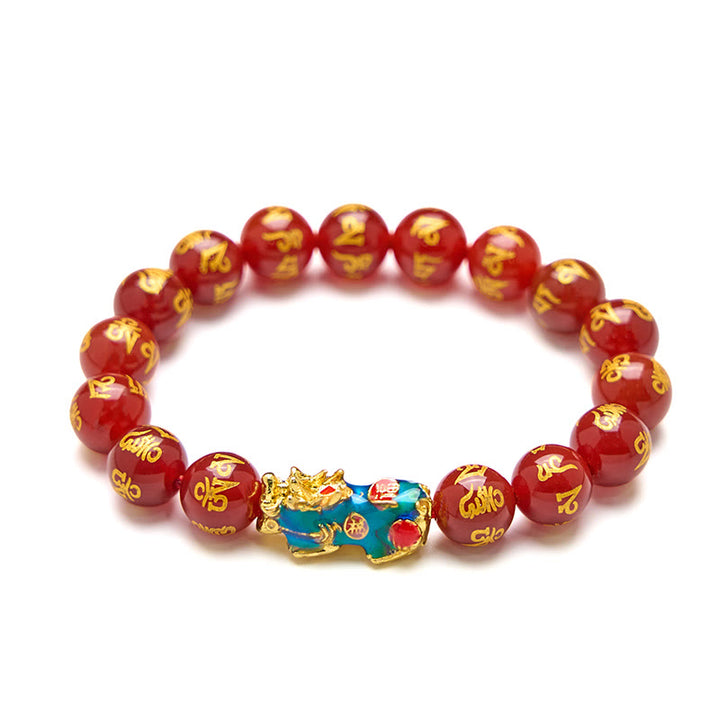 Buddha Stones Czerwony Agat Zmiana Koloru PiXiu Om Mani Padme Hum Spokojna Bransoletka