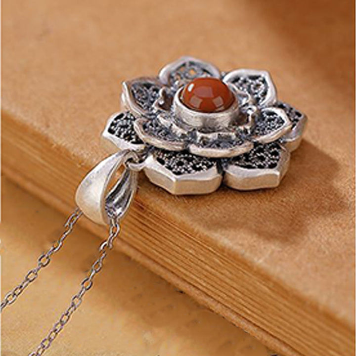 Buddha Stones Tybetańskie Om Mani Padme Hum Wzór Lotosu Czerwony Agat Miedź Peave Naszyjnik Wisiorek - image 3