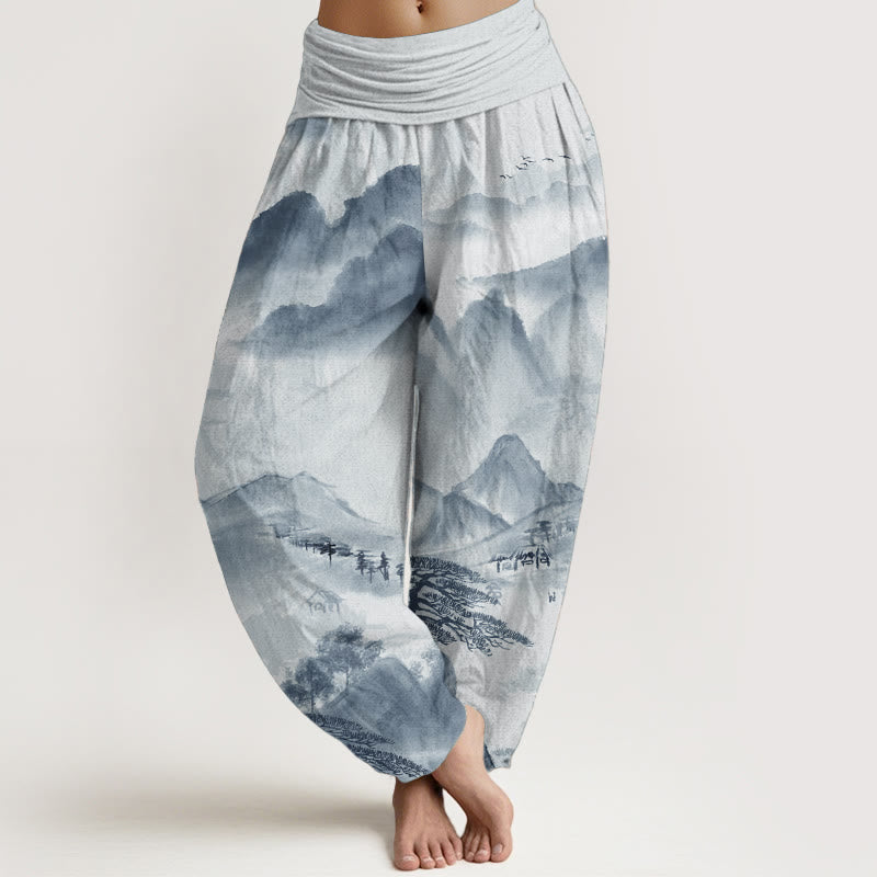 Buddha Stones Czysta bawełna Góry Drzewa Krajobraz Malarstwo tuszem Damskie spodnie haremowe z elastyczną talią - Jasnoniebieski - US22, UK/AU26, EU54 (6XL) - image 5