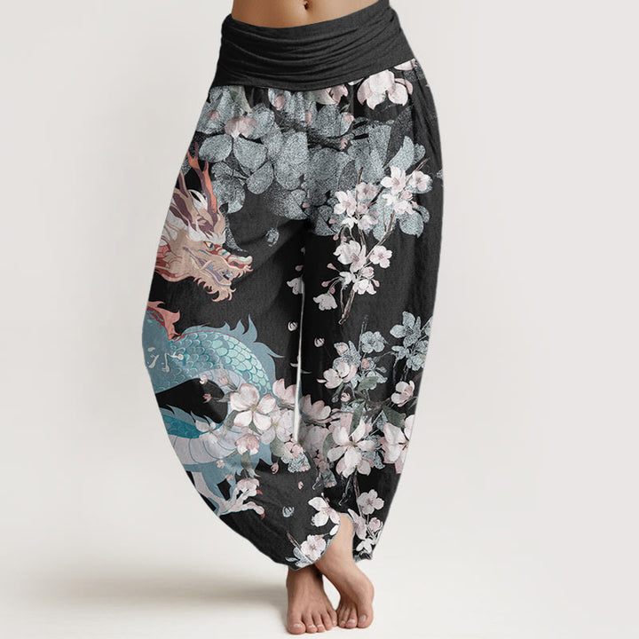 Buddha Stones Czysta bawełna Casual Dragon Cherry Blossoms Damskie spodnie haremowe z elastyczną talią