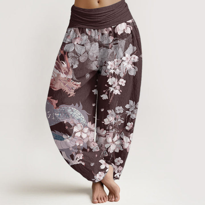 Buddha Stones Czysta bawełna Casual Dragon Cherry Blossoms Damskie spodnie haremowe z elastyczną talią