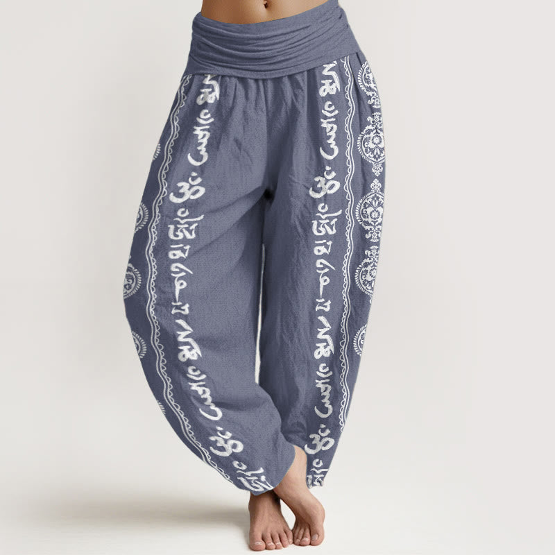 Buddha Stones Czysta bawełna Mandala Om Mani Padme Hum Damskie spodnie haremowe z elastyczną talią - Stalowoniebieski - US22, UK/AU26, EU54 (6XL) - image 0
