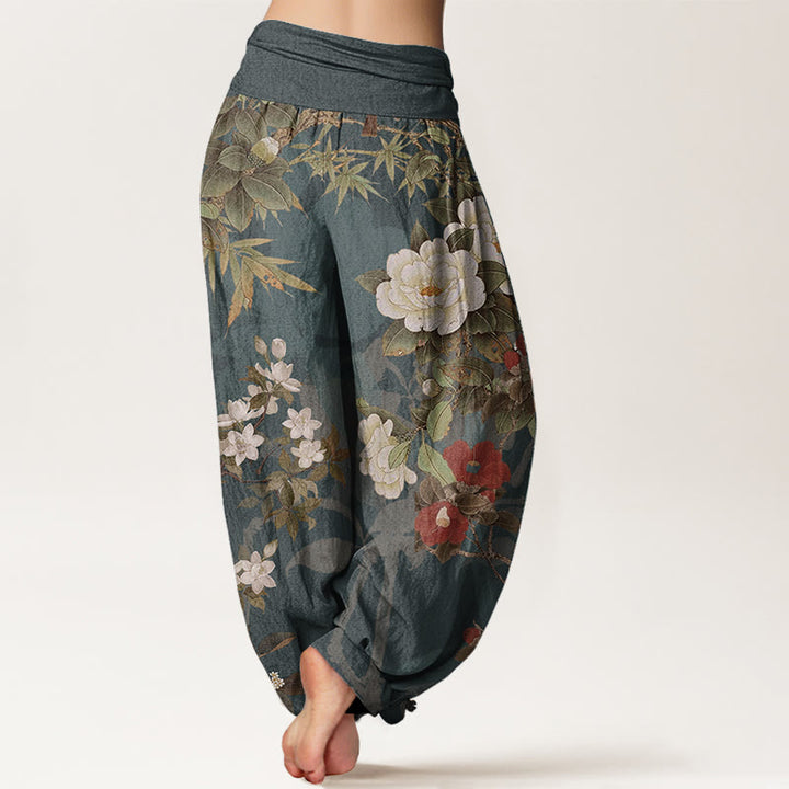 Buddha Stones Czysta bawełna Casual Peony Kwiaty Liście Sroka Damskie Spodnie Harem Elastyczna Talia