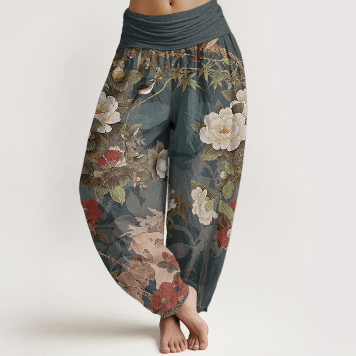 Buddha Stones Czysta bawełna Casual Peony Kwiaty Liście Sroka Damskie Spodnie Harem Elastyczna Talia