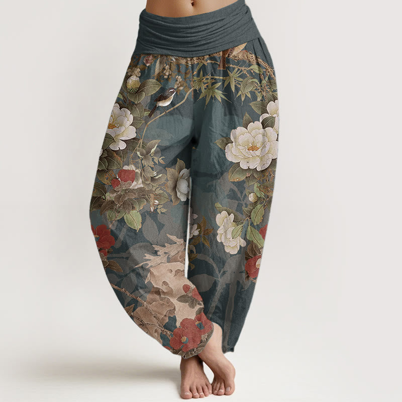 Buddha Stones Czysta bawełna Casual Peony Kwiaty Liście Sroka Damskie Spodnie Harem Elastyczna Talia - Cyraneczka - US22, UK/AU26, EU54 (6XL) - image 0
