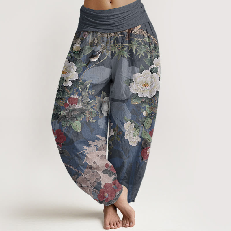 Buddha Stones Czysta bawełna Casual Peony Kwiaty Liście Sroka Damskie Spodnie Harem Elastyczna Talia - Stalowoniebieski - US22, UK/AU26, EU54 (6XL) - image 8