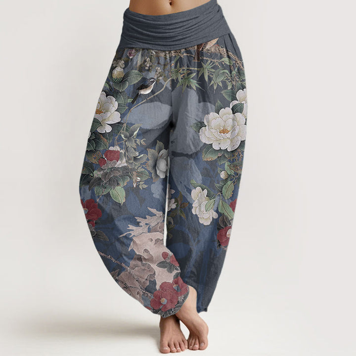Buddha Stones Czysta bawełna Casual Peony Kwiaty Liście Sroka Damskie Spodnie Harem Elastyczna Talia - Stalowoniebieski - US22, UK/AU26, EU54 (6XL) - image 8