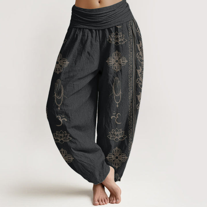 Buddha Stones Czysta Bawełna Kwiaty Lotosu Podwójne Dorje Vajra Namaste Om Design Damskie Spodnie Harem Elastyczny Pas - Czarny - US22, UK/AU26, EU54 (6XL) - image 0