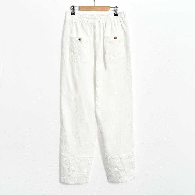 Buddha Stones Białe Koronkowe Patchworkowe Spodnie Damskie Z Lnianej Bawełny Z Kieszeniami - image 6