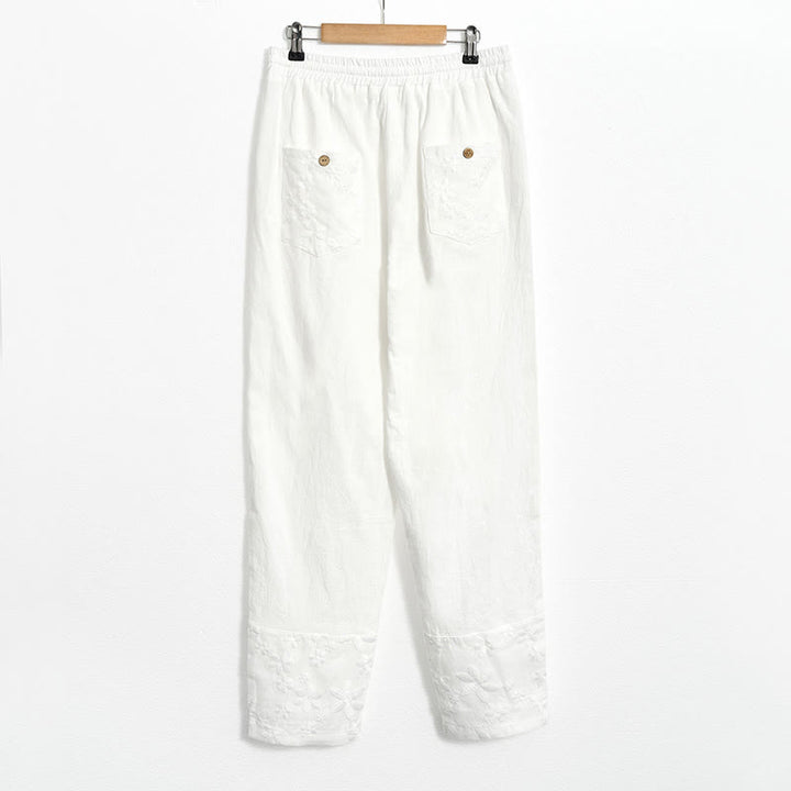 Buddha Stones Białe Koronkowe Patchworkowe Spodnie Damskie Z Lnianej Bawełny Z Kieszeniami - image 6
