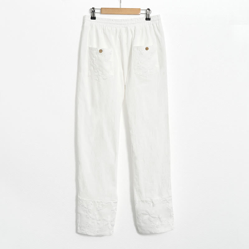 Buddha Stones Białe Koronkowe Patchworkowe Spodnie Damskie Z Lnianej Bawełny Z Kieszeniami - image 7