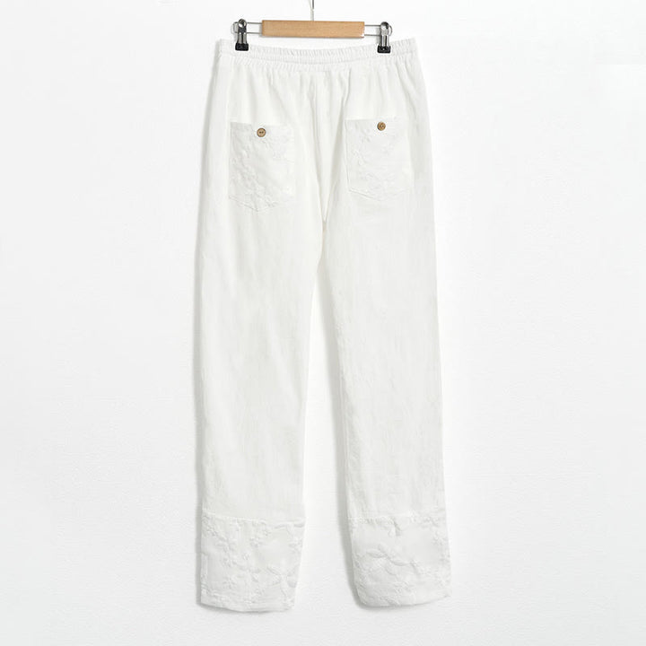 Buddha Stones Białe Koronkowe Patchworkowe Spodnie Damskie Z Lnianej Bawełny Z Kieszeniami - image 7