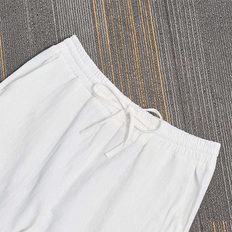 Buddha Stones Białe Koronkowe Patchworkowe Spodnie Damskie Z Lnianej Bawełny Z Kieszeniami - image 2