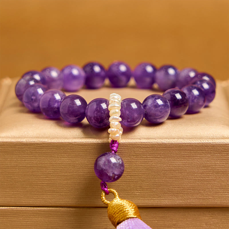 Buddha Stones Naturalne Ametystowe Koraliki Medytacyjne Bransoletka z Frędzlami