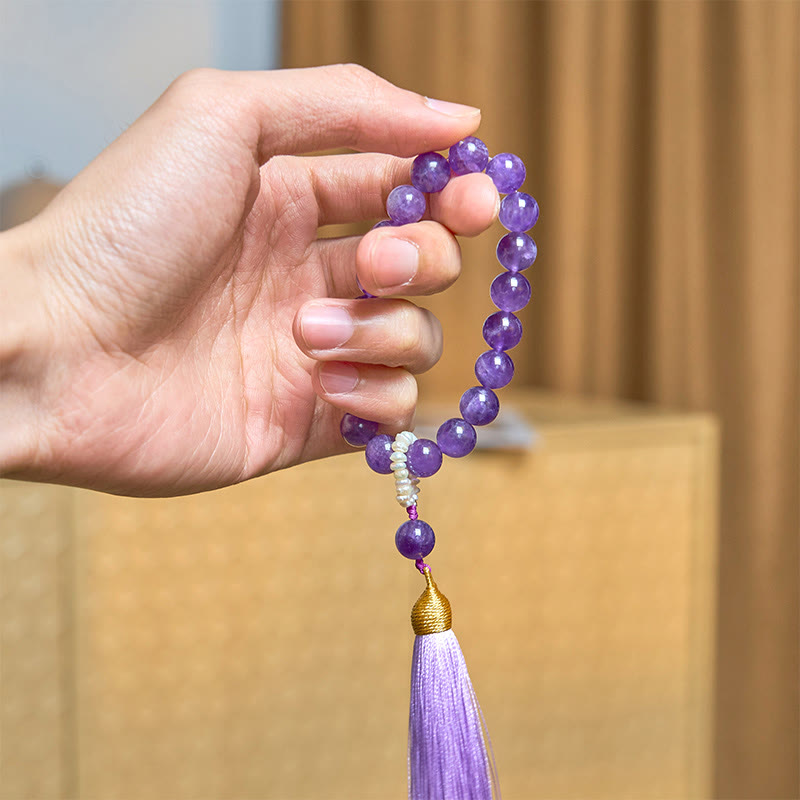 Buddha Stones Naturalne Ametystowe Koraliki Medytacyjne Bransoletka z Frędzlami