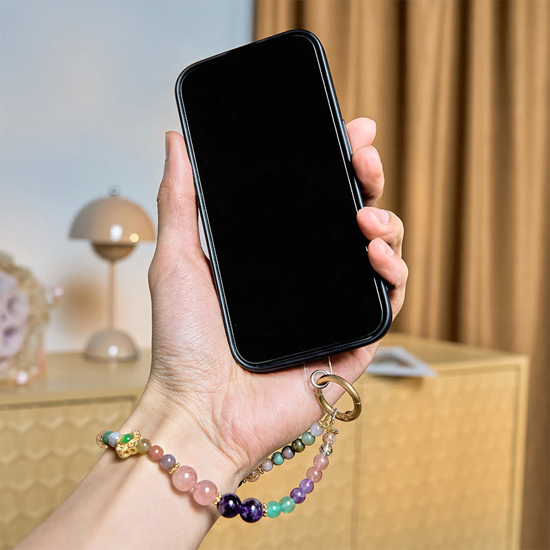 Buddha Stones Naturalny Turmalin Truskawkowy Kwarc Ametyst Pozytywny Brelok Telefon Wiszący Dekoracja