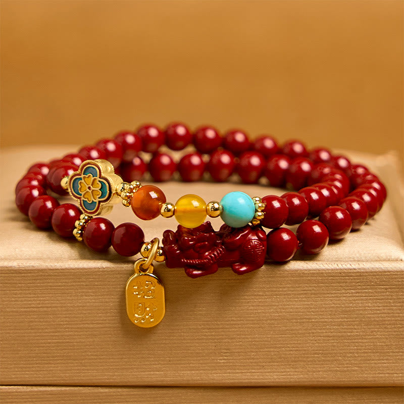Bransoletka z podwójnym owinięciem z Buddha Stones Cinnabar PiXiu Fu Character Blessing