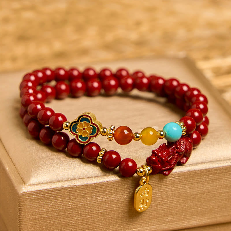 Bransoletka z podwójnym owinięciem z Buddha Stones Cinnabar PiXiu Fu Character Blessing