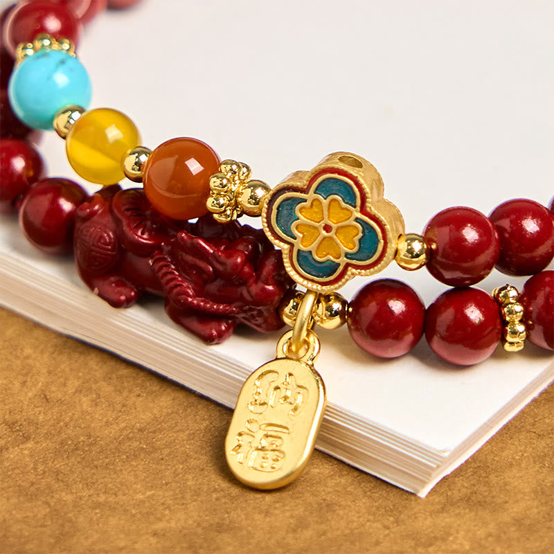 Bransoletka z podwójnym owinięciem z Buddha Stones Cinnabar PiXiu Fu Character Blessing