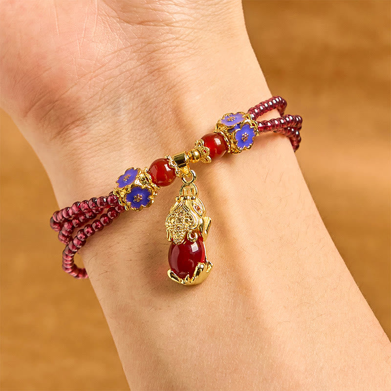 Buddha Stones Naturalne 3mm Koraliki Granatu PiXiu Kwiat Oczyszczający Wielowarstwowa Bransoletka