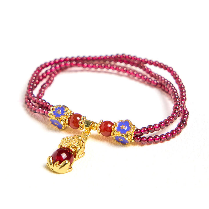 Buddha Stones Naturalne 3mm Koraliki Granatu PiXiu Kwiat Oczyszczający Wielowarstwowa Bransoletka