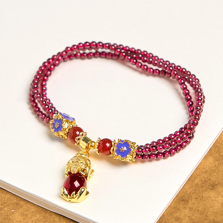 Buddha Stones Naturalne 3mm Koraliki Granatu PiXiu Kwiat Oczyszczający Wielowarstwowa Bransoletka