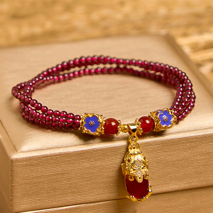 Buddha Stones Naturalne 3mm Koraliki Granatu PiXiu Kwiat Oczyszczający Wielowarstwowa Bransoletka