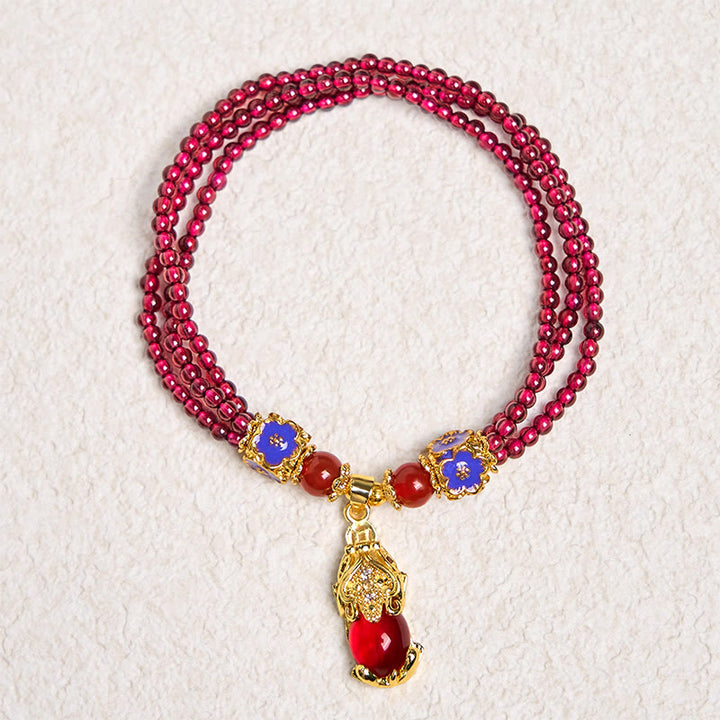 Buddha Stones Naturalne 3mm Koraliki Granatu PiXiu Kwiat Oczyszczający Wielowarstwowa Bransoletka