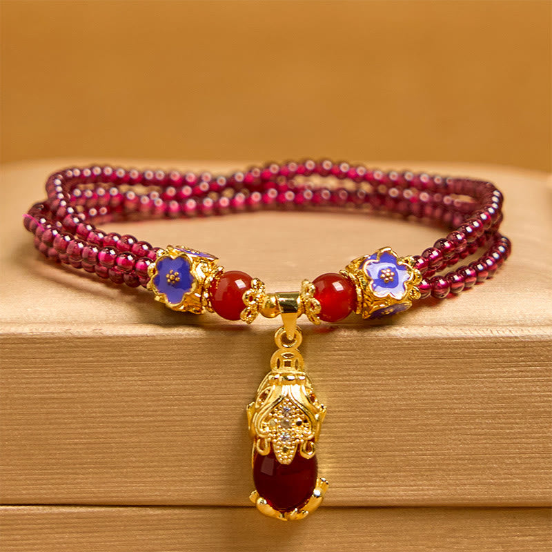 Buddha Stones Naturalne 3mm Koraliki Granatu PiXiu Kwiat Oczyszczający Wielowarstwowa Bransoletka