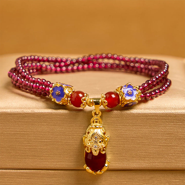 Buddha Stones Naturalne 3mm Koraliki Granatu PiXiu Kwiat Oczyszczający Wielowarstwowa Bransoletka