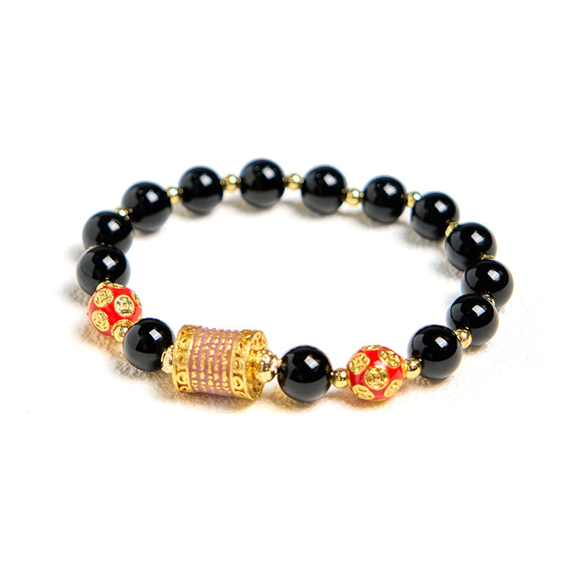 Buddha Stones Naturalny Czarny Onyks Pięć Pisma Świętego Miedziane Monety Bransoletka Fortuna
