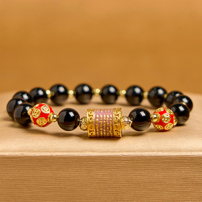 Buddha Stones Naturalny Czarny Onyks Pięć Pisma Świętego Miedziane Monety Bransoletka Fortuna