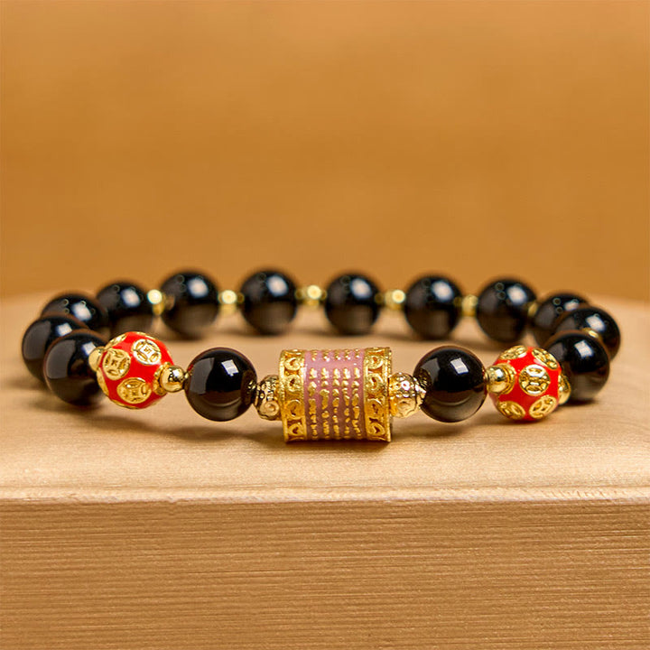 Buddha Stones Naturalny Czarny Onyks Pięć Pisma Świętego Miedziane Monety Bransoletka Fortuna