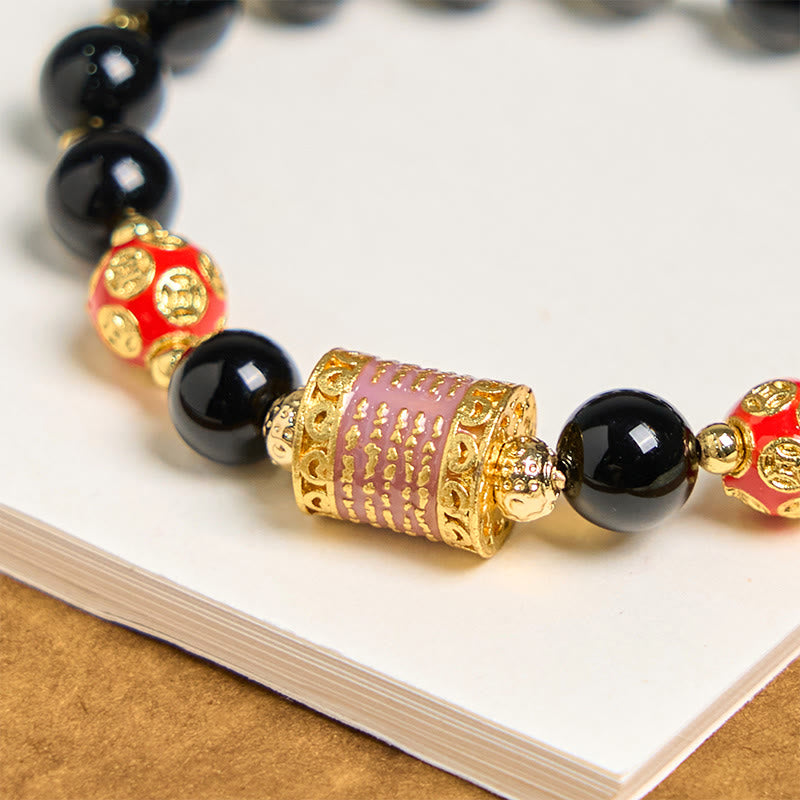 Buddha Stones Naturalny Czarny Onyks Pięć Pisma Świętego Miedziane Monety Bransoletka Fortuna