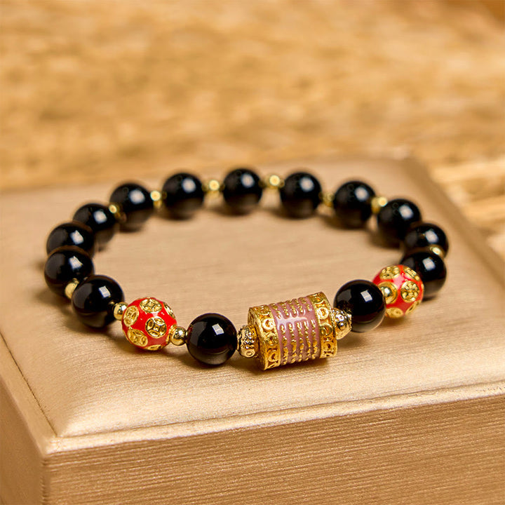 Buddha Stones Naturalny Czarny Onyks Pięć Pisma Świętego Miedziane Monety Bransoletka Fortuna