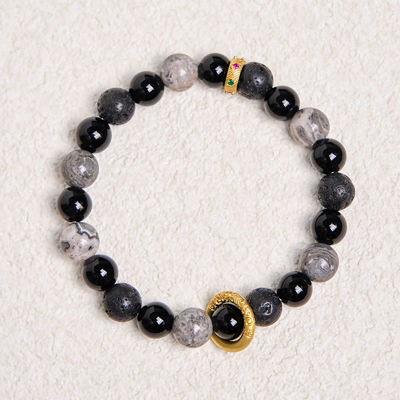 Bransoletka lecznicza z Buddha Stones , lawą i czarnym onyksem Picasso Jasper