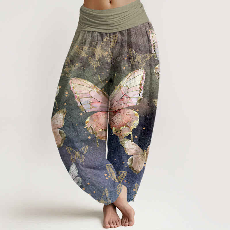 Buddha Stones Vintage Motyl Wzór Damskie Spodnie Harem Elastyczna Talia - DarkSeaGreen - US22, UK/AU26, EU54 (6XL) - image 1