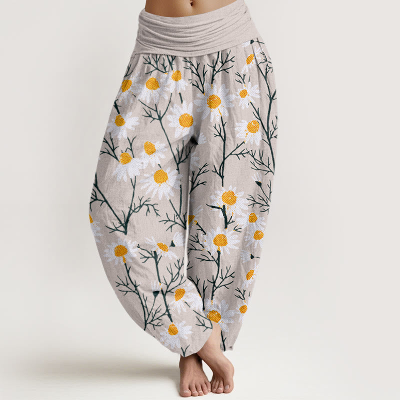 Damskie spodnie haremowe z elastyczną talią i bawełnianymi, białymi płatkami Buddha Stones w stokrotki - Beżowy - US22, UK/AU26, EU54 (6XL) - image 7