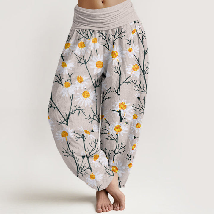 Damskie spodnie haremowe z elastyczną talią i bawełnianymi, białymi płatkami Buddha Stones w stokrotki - Beżowy - US22, UK/AU26, EU54 (6XL) - image 7