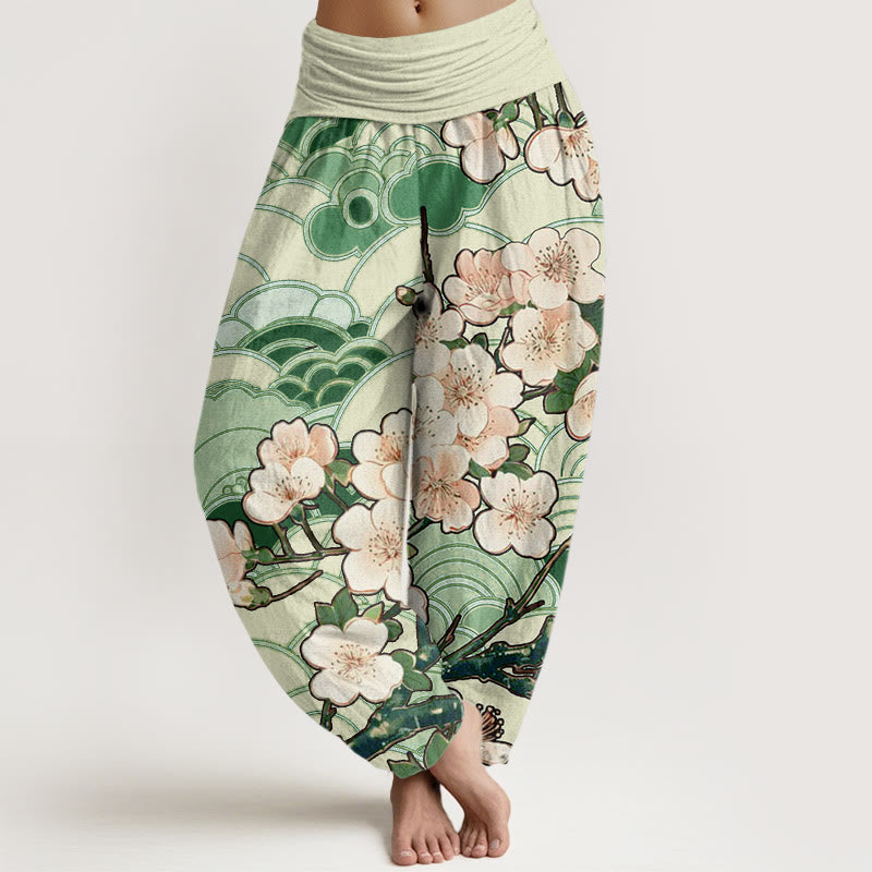 Spodnie haremowe damskie z elastycznym pasem i wzorem w kwiaty wiśni Buddha Stones - ForestGreen - US22, UK/AU26, EU54 (6XL) - image 5