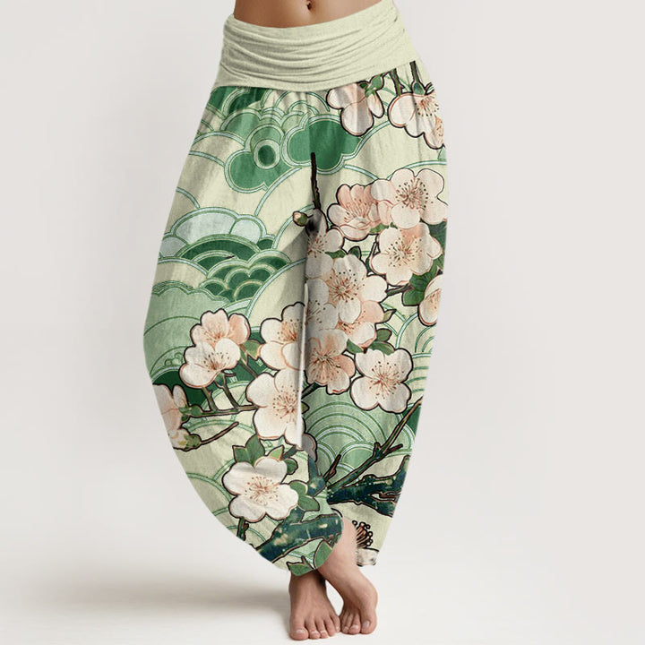 Spodnie haremowe damskie z elastycznym pasem i wzorem w kwiaty wiśni Buddha Stones - ForestGreen - US22, UK/AU26, EU54 (6XL) - image 5