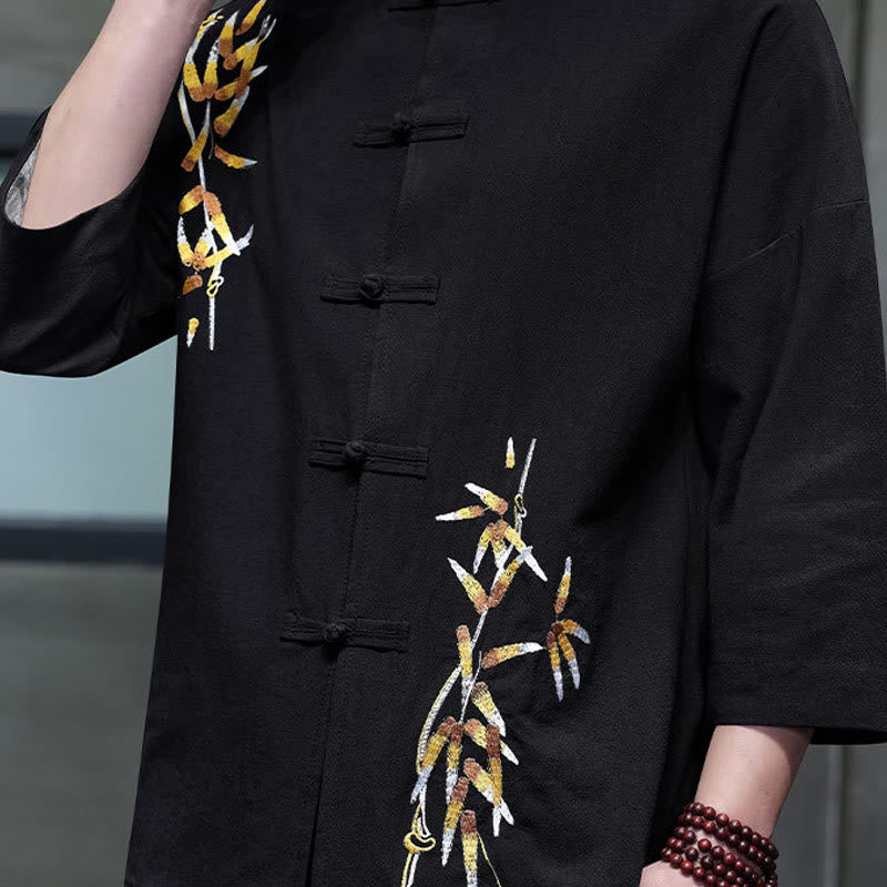 Koszula męska z haftem w kształcie Buddha Stones , z chińskimi guzikami i trzema czwartymi rękawami - image 5