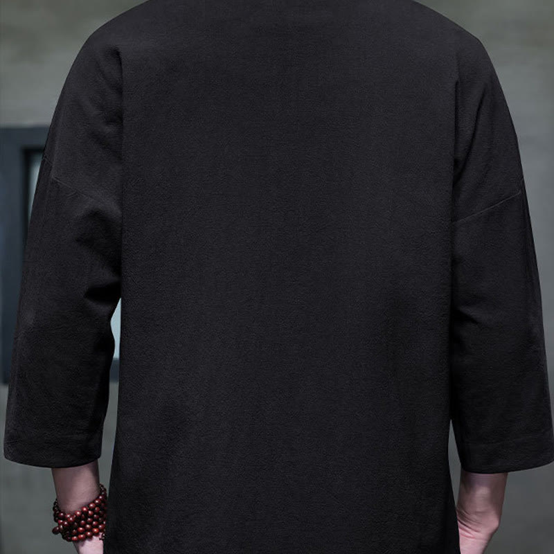 Koszula męska z haftem w kształcie Buddha Stones , z chińskimi guzikami i trzema czwartymi rękawami - image 3