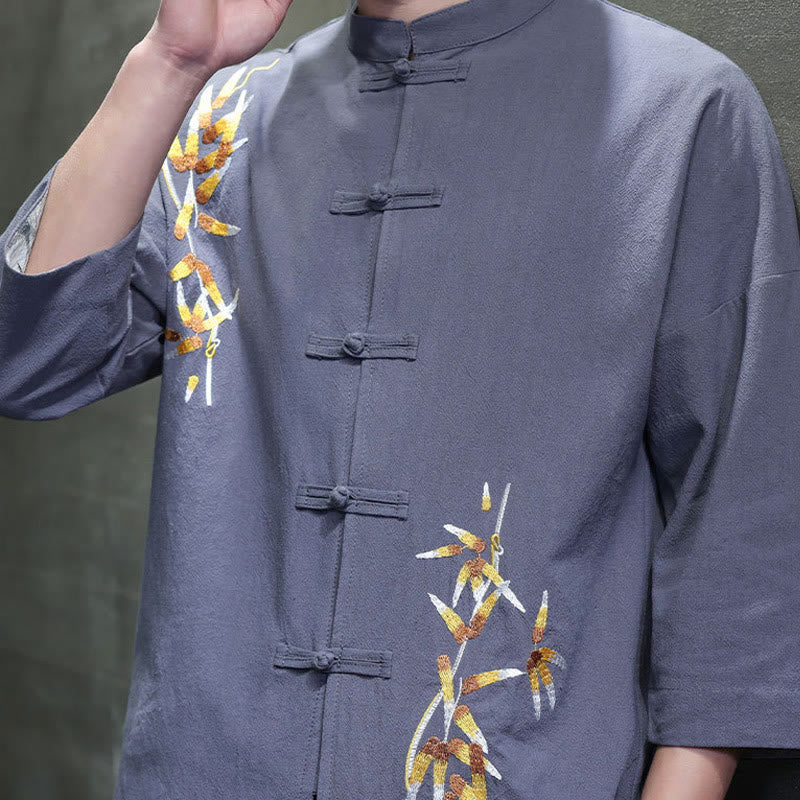 Koszula męska z haftem w kształcie Buddha Stones , z chińskimi guzikami i trzema czwartymi rękawami - image 22