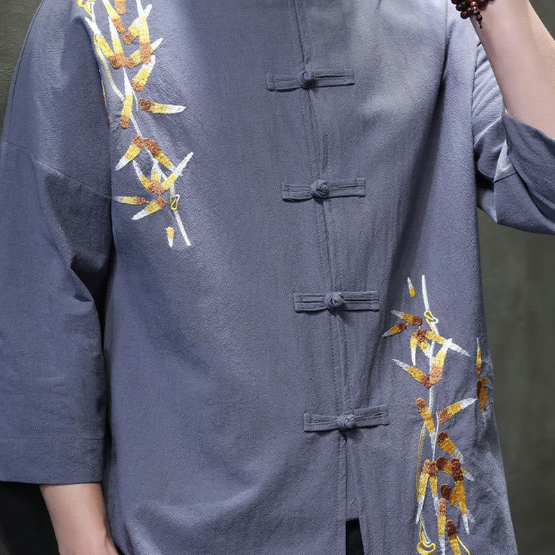 Koszula męska z haftem w kształcie Buddha Stones , z chińskimi guzikami i trzema czwartymi rękawami - image 26