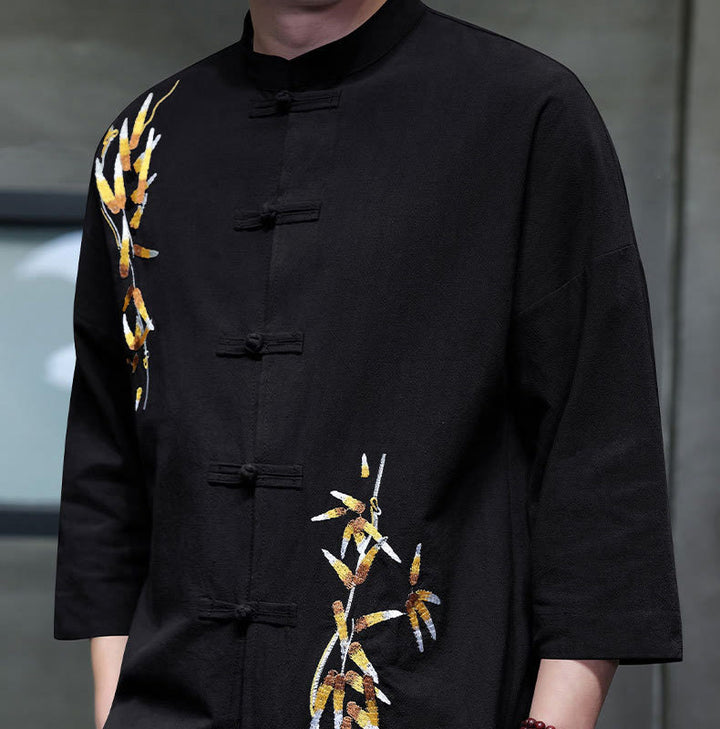 Koszula męska z haftem w kształcie Buddha Stones , z chińskimi guzikami i trzema czwartymi rękawami - image 4