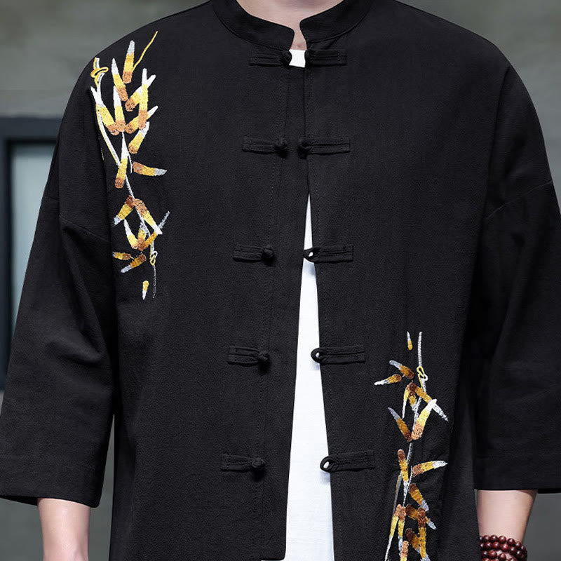 Koszula męska z haftem w kształcie Buddha Stones , z chińskimi guzikami i trzema czwartymi rękawami - image 2