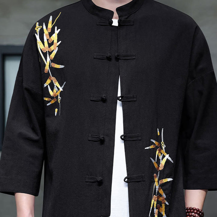 Koszula męska z haftem w kształcie Buddha Stones , z chińskimi guzikami i trzema czwartymi rękawami - image 2