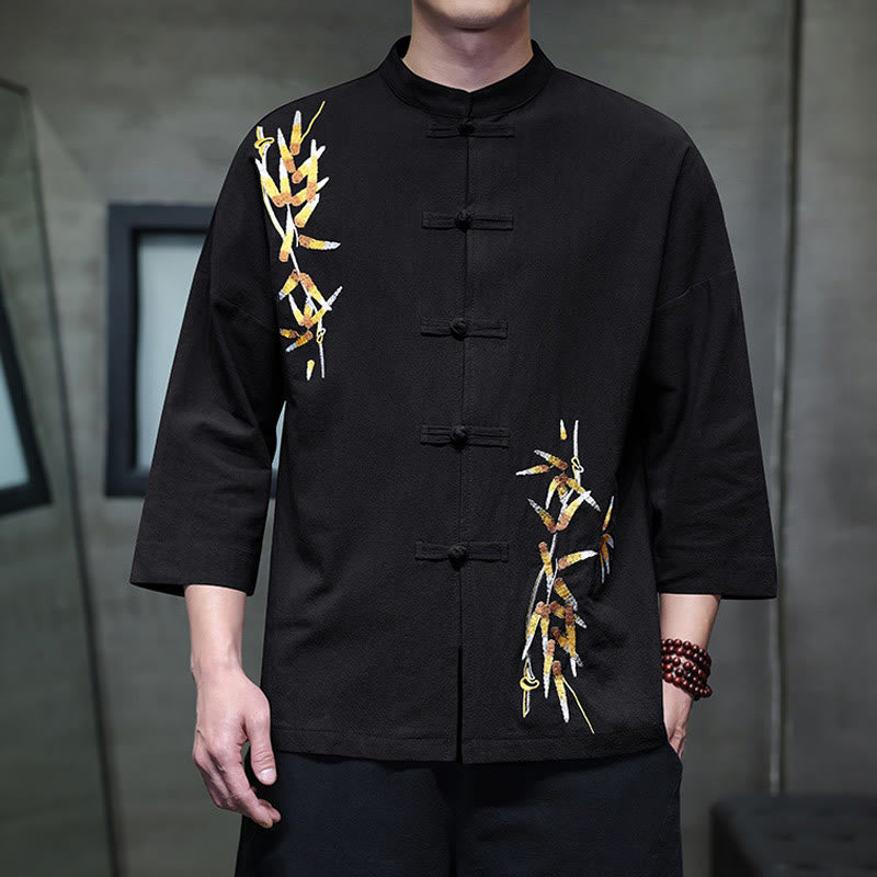 Koszula męska z haftem w kształcie Buddha Stones , z chińskimi guzikami i trzema czwartymi rękawami - Czarny - US/UK/AU46， EU56 (5XL) - image 0