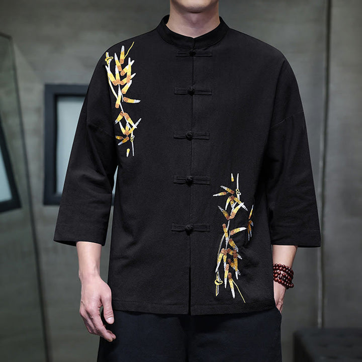 Koszula męska z haftem w kształcie Buddha Stones , z chińskimi guzikami i trzema czwartymi rękawami - Czarny - US/UK/AU46， EU56 (5XL) - image 0